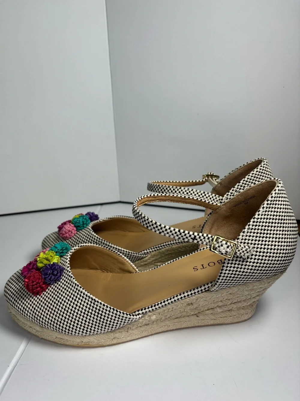 Talbots Black White Espadrille Wedge Shoes Colorful Pom Pom Ankle Strap 9